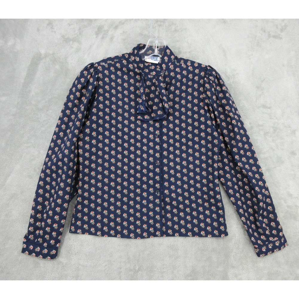 Vintage College Town Blouse Womens Size S Navy Floral Ruffle Bow Neckline Button